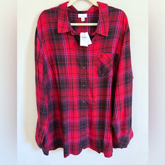 NWT J. Jill Red & Black Plaid Buffalo Check Flannel Button Up Shirt - Size 3X - Picture 1 of 7